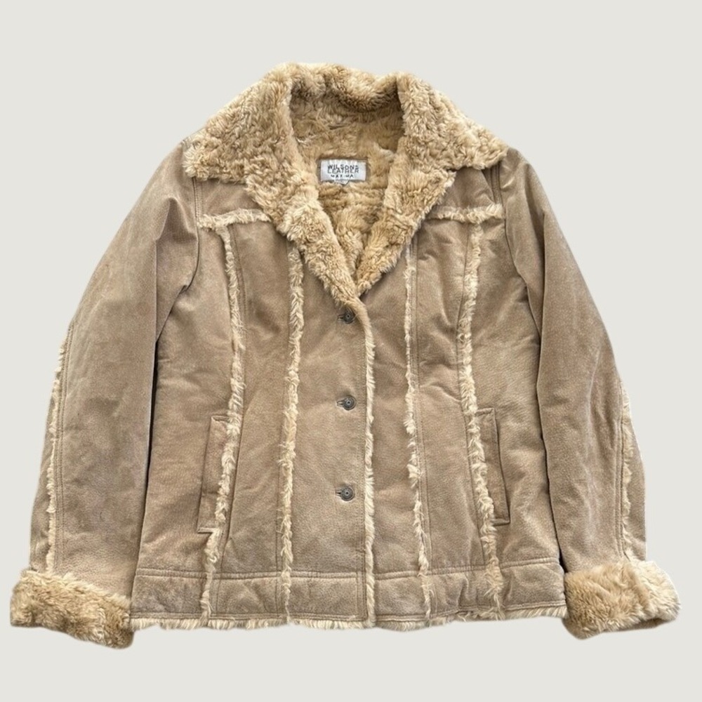 Wilsons Leather Suede Afghan Jacket Medium Faux Fur Penny Lane Boho Tan Coat Y2K